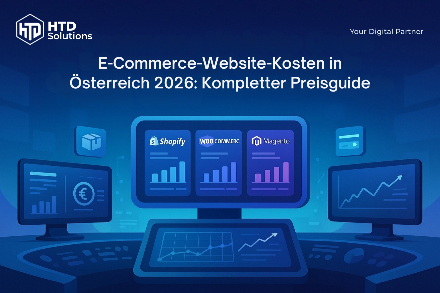E-Commerce-Website-Kosten Vergleichs-Dashboard zeigt Shopify, WooCommerce, Magento Preise und Features für österreichische Online-Shops 2026