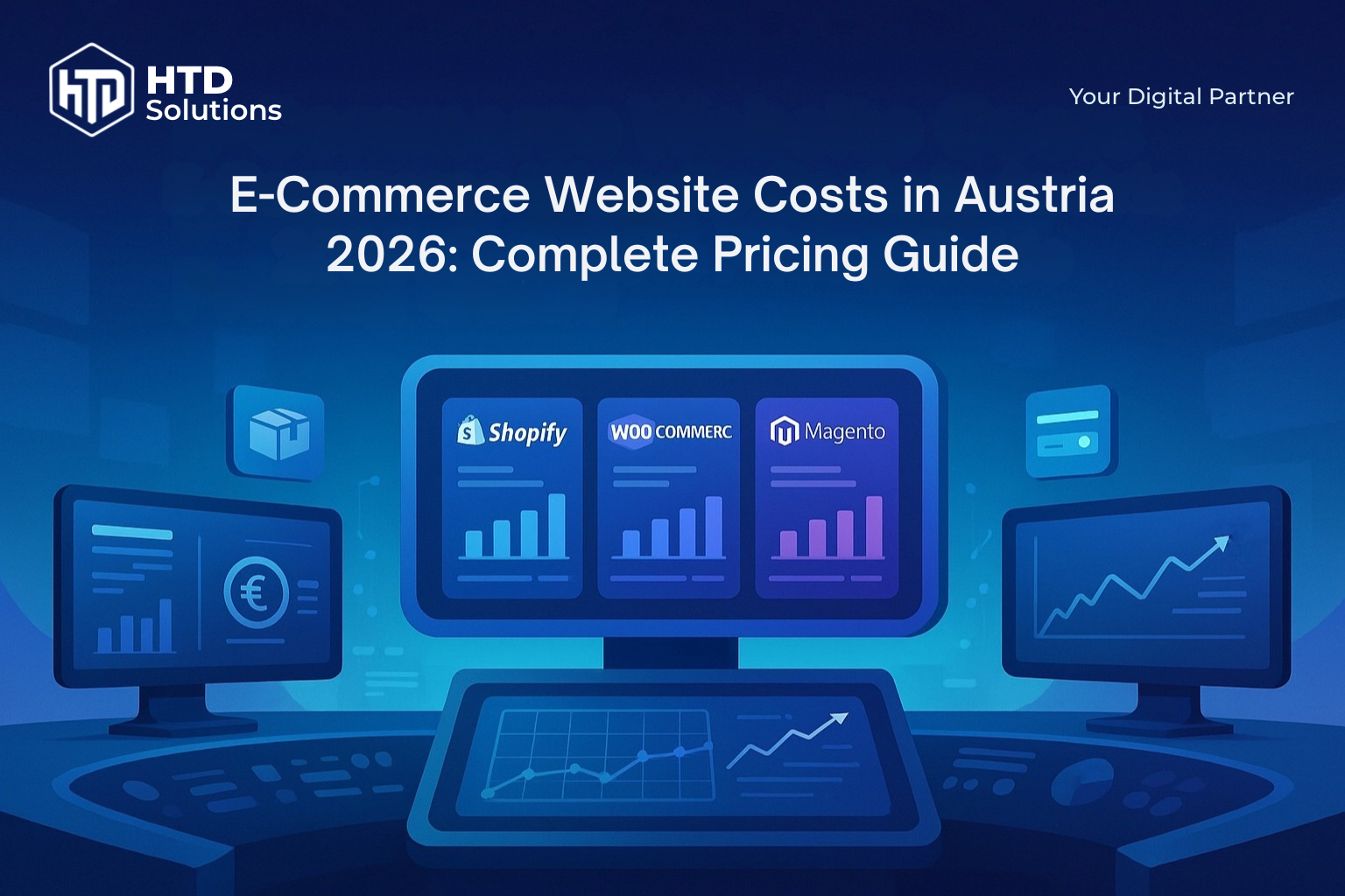 E-commerce website costs comparison dashboard showing Shopify, WooCommerce, Magento pricing and features for Austrian online shops 2026